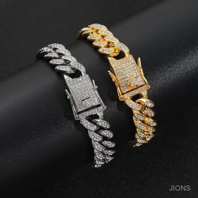 JIONS Novo Pulseira ice Bracelete De Hip Hop De 12mm Corrente Cubana Rhinestone Grosso E Largo Pulseira Cuban