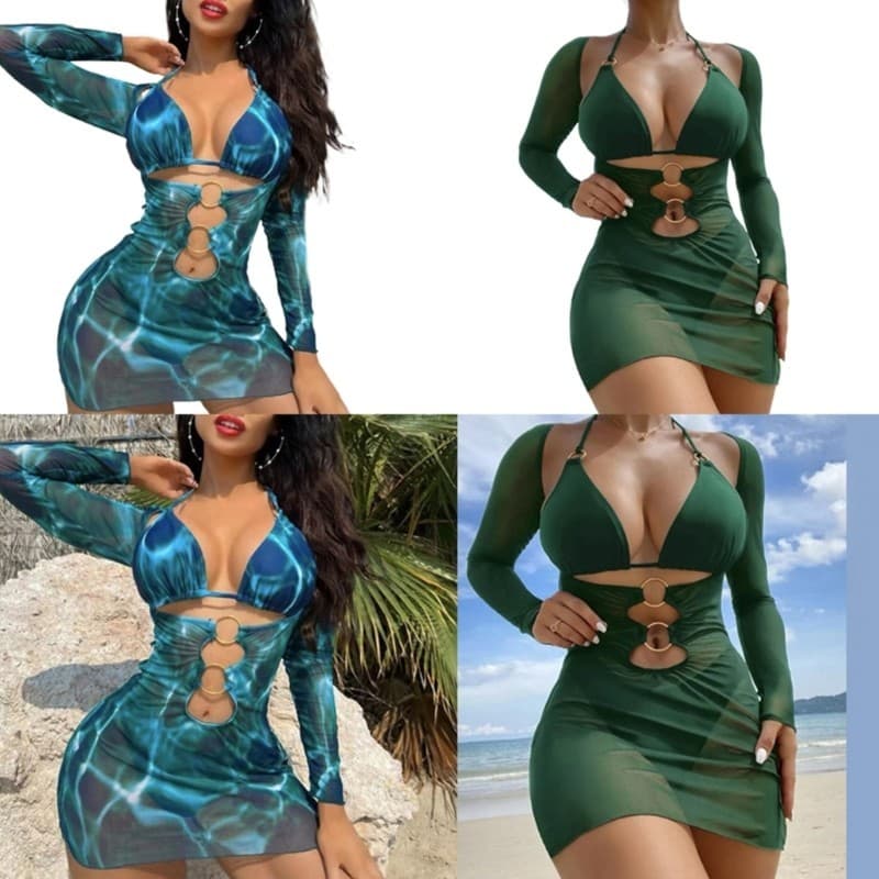 TO 3 Peças De Trajes De Banho Divididos Para Mulheres , Maiô De Cor Sólida , Manga Comprida