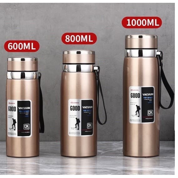 Garrafa  1000ml Inox Térmica Com Infusor Prata Dourada De Água Café Parede Dupla Com Alça