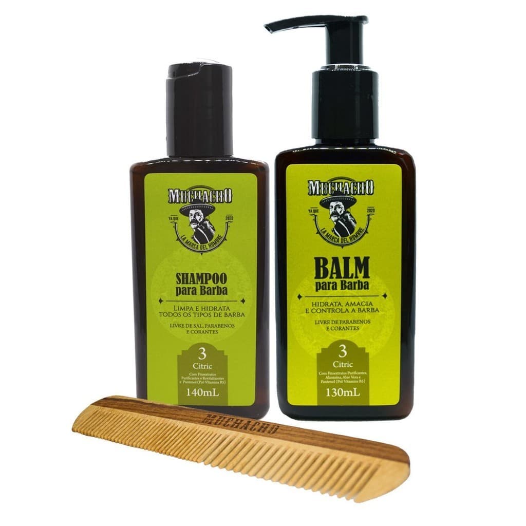 Kit Shampoo para Barba + Balm para Barba + Pente Duplos Dentes - Muchacho Citric Frasco