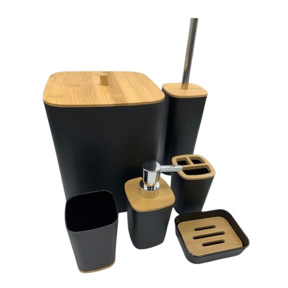 Kit Banheiro 6 Peças Quadrado - Design Moderno Clean Plástico Com Acabamento em Bambu -  JF-5143