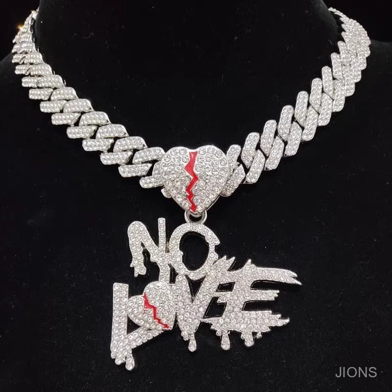 JIONS Novo Corrente Cravejada Colar Carta Hip Hop NO LOVE Heartbreak Pingente Personalidade Ice Colar Cubano Jóias Mascu