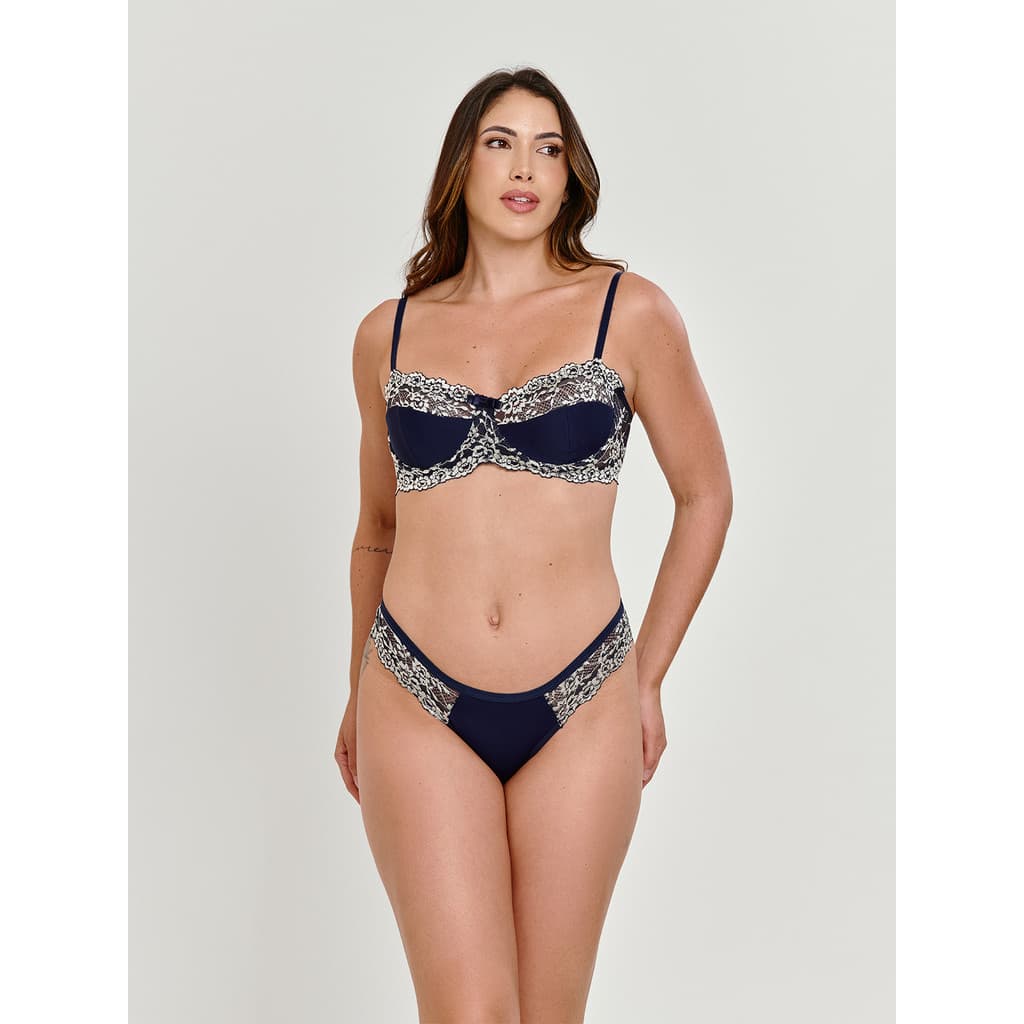 Conjunto de Calcinha e Sutiã Meia Taça Sem Bojo com Aro de Renda Bicolor Bordada Premium - Conforto e Elegância