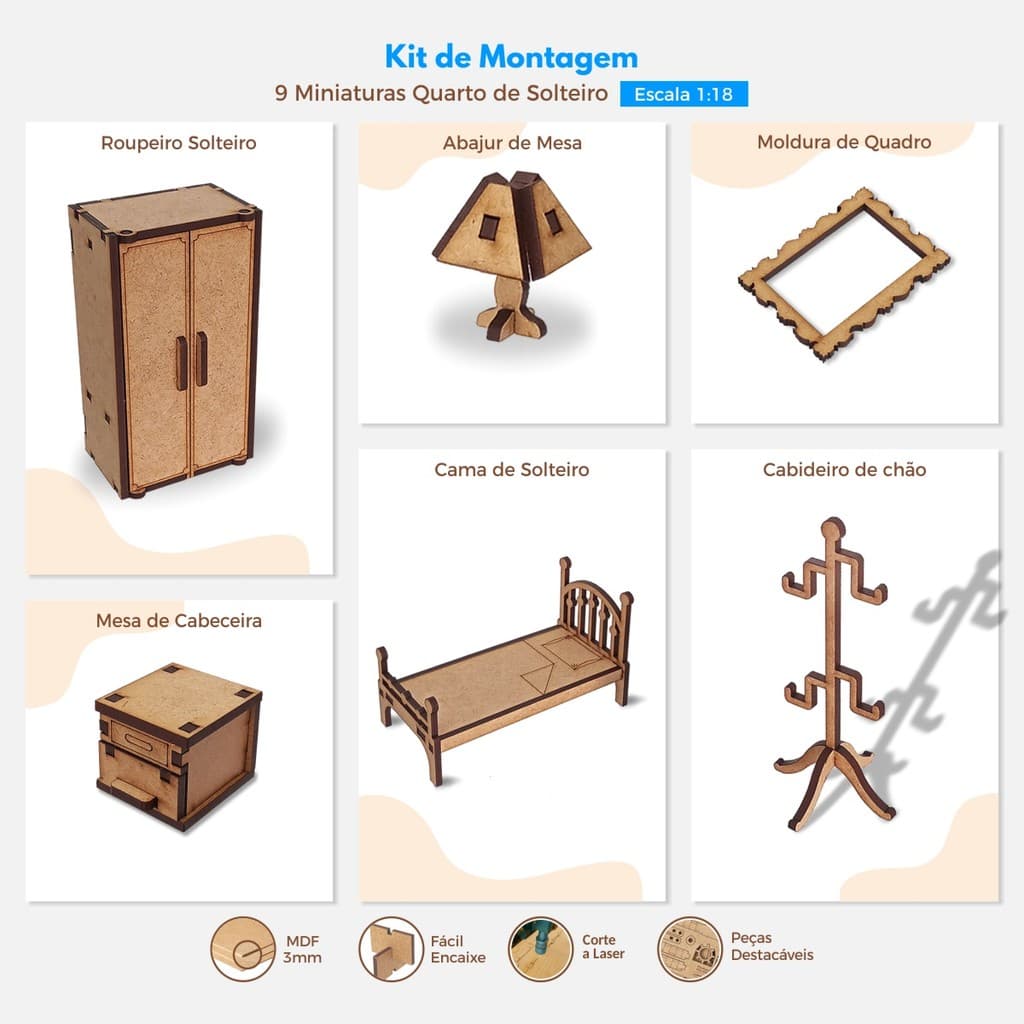 Kit de Montagem 9 Miniaturas Quarto de Solteiro Escala 1:18 Maquete Diorama Puzzle 3D
