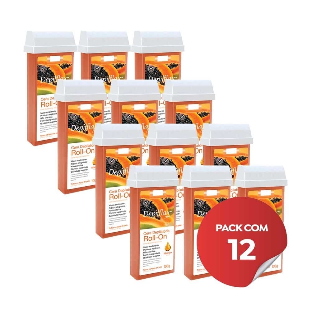 Kit c/12 Ceras Depilatória Refil Roll On Depilflax Mamão 100g