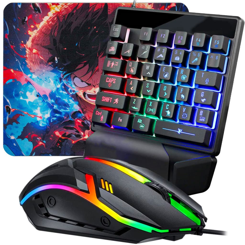 Kit Gamer Teclado Uma mão Mouse Led 7 Cores Pad Speed Estampado