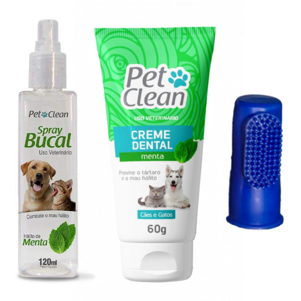 Higiene Dental Creme Dental + Spray Bucal para Cães e Gatos + Dedeira