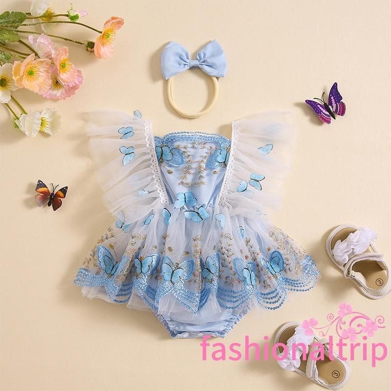 0-18 Meses Baby Girls Rompers Vestido De Bebê Mosca De Renda Manga De Tulle Saia De Hem Bodysuits Com Fita De Cabeça
