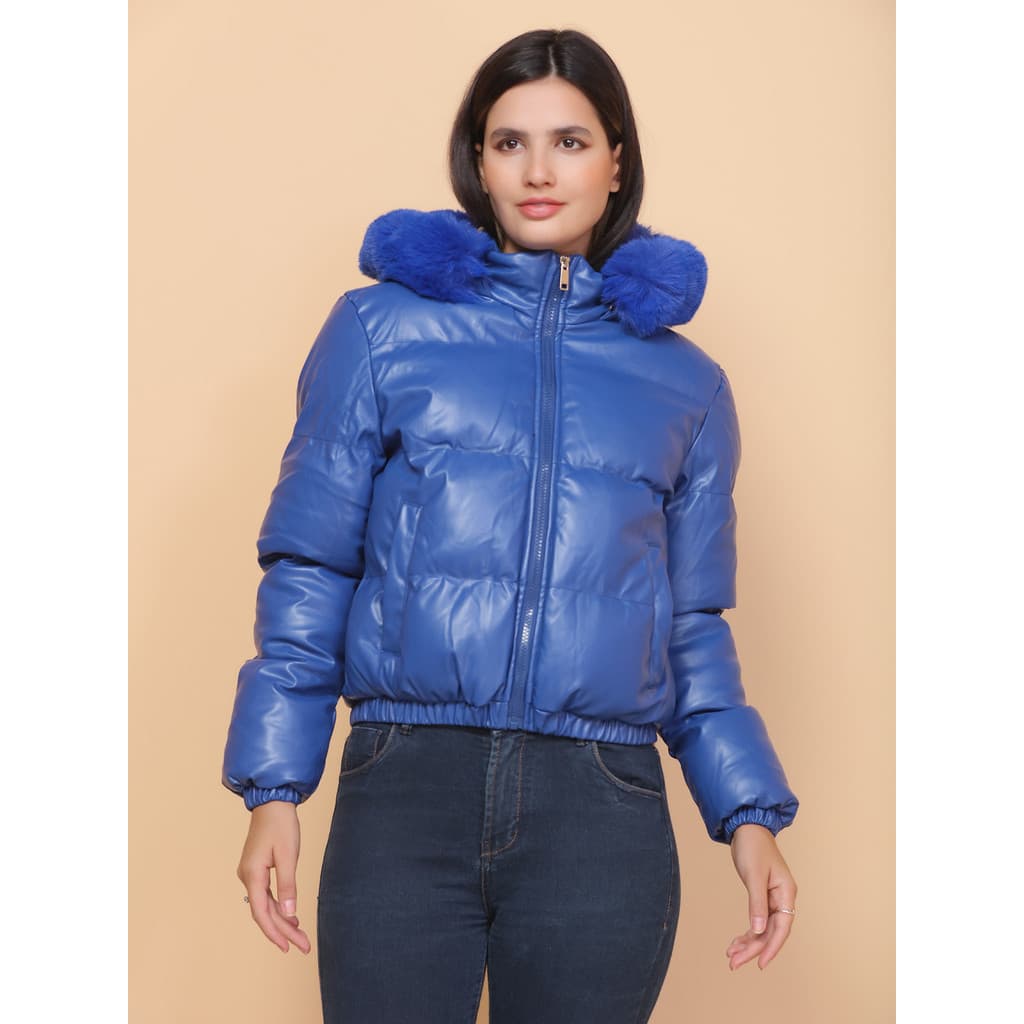 Jaqueta Couro Casaco Azul Feminina Blusa Com Zíper Impermeavel Premium Luxo  Estilosa Moda Inverno