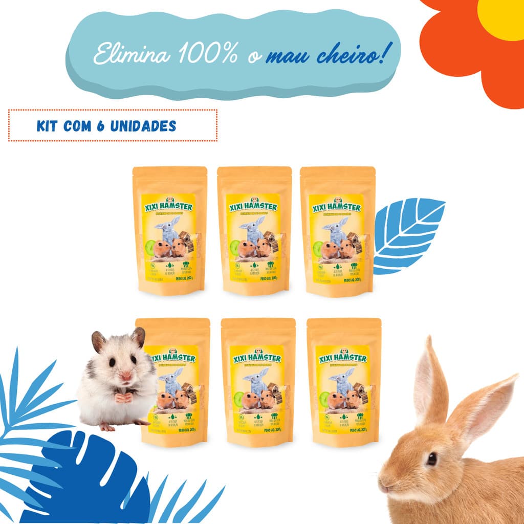 Kit c/ 6 Xixi Hamster Eliminador de Odores Gaiola Roedores Porquinho da Índia Coelho Furão Atóxico