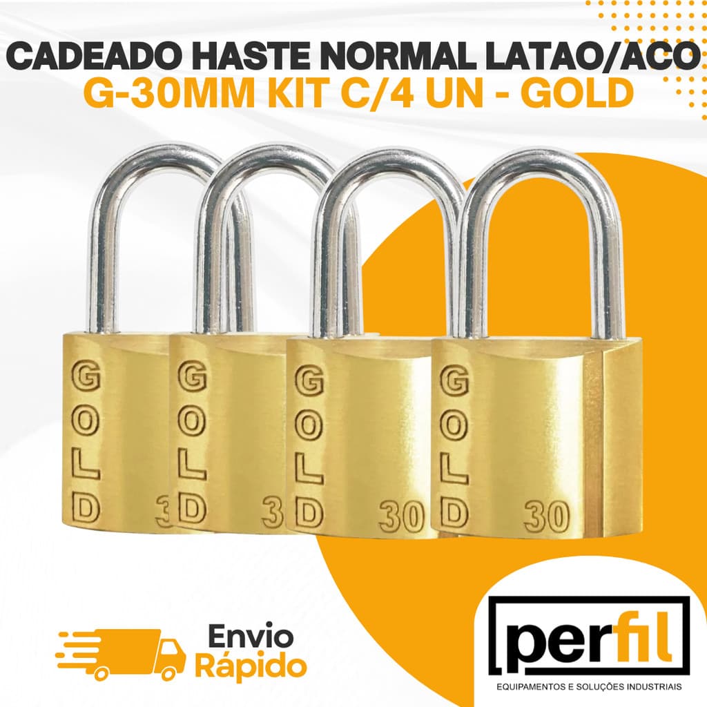 KIT CADEADO HASTE NORMAL LATAO/ACO 30MM - GOLD - 4 UNIDADES