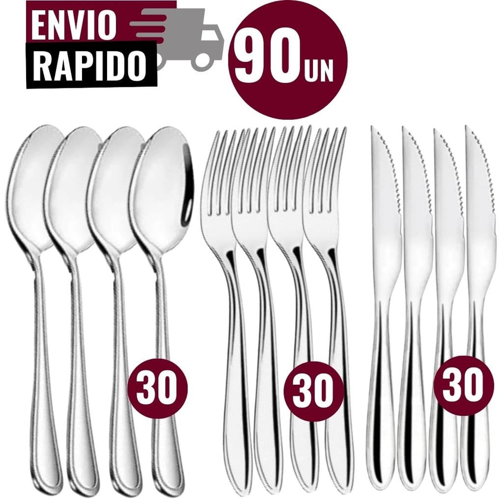 Jogo 90 Peças de Talher Aço Inox 30 Faca 30 Colher 30 Garfo de Mesa Casa Para Cozinha