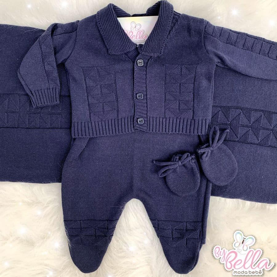 SAÍDA DE MATERNIDADE TRICOT INFANTIL BEBÊ MENINO AZUL MARINHO 04 PEÇAS