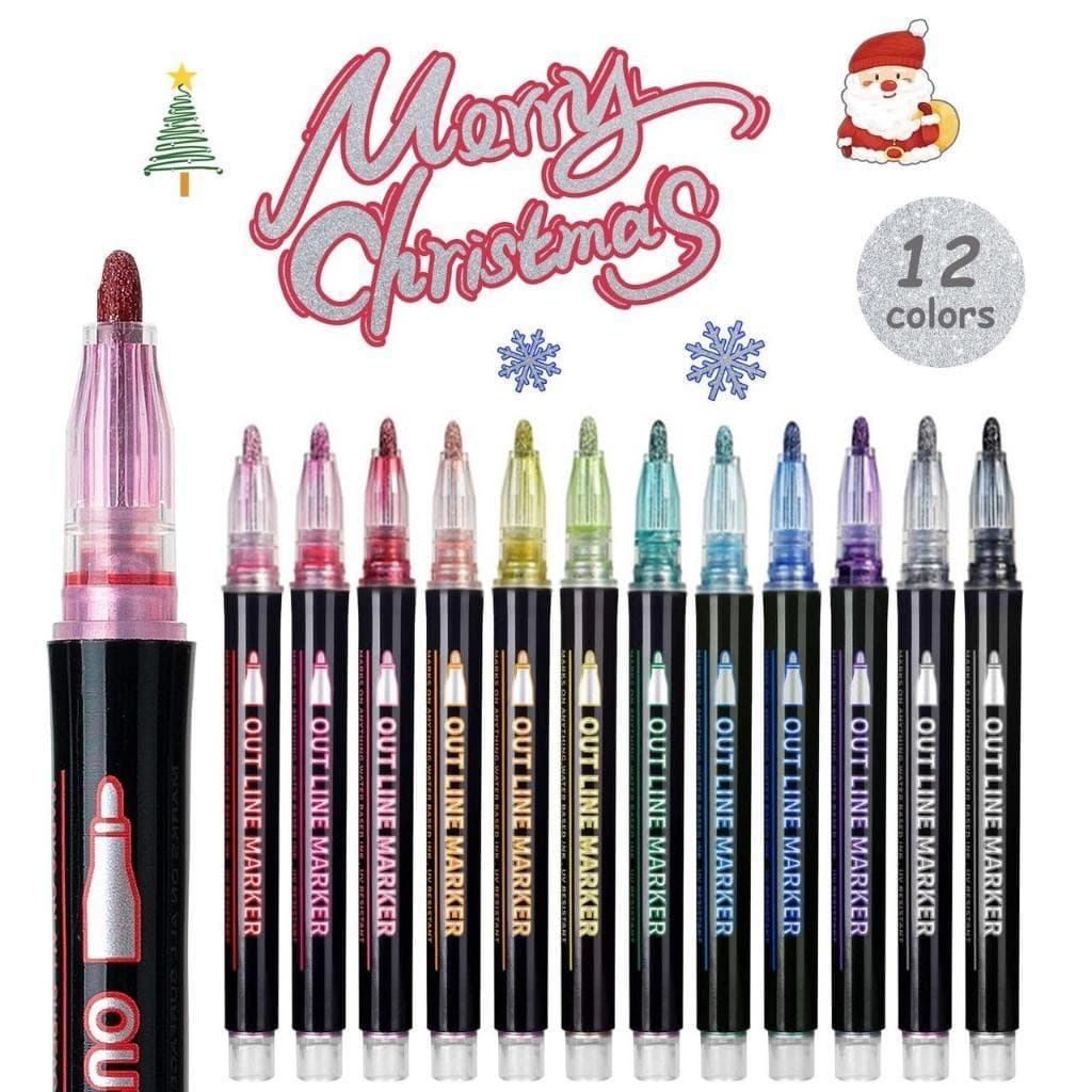 Kit 12 Caneta Outline Marker Metálica Linha Dupla Arte Caneta Contorno