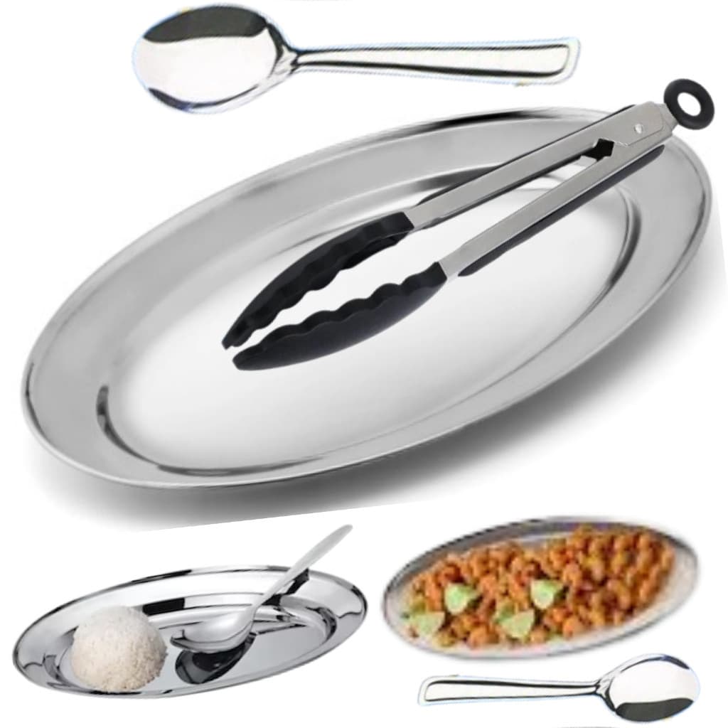 kit Travessa para Arroz e Porções Bandeja colher e pegador Inox da Linha Essencial