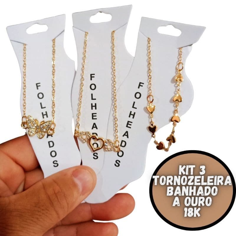 Tornozeleira Feminino Folheado A Ouro 18k Kit Com 3PÇS Com Pingente E Garantia De 1 Ano