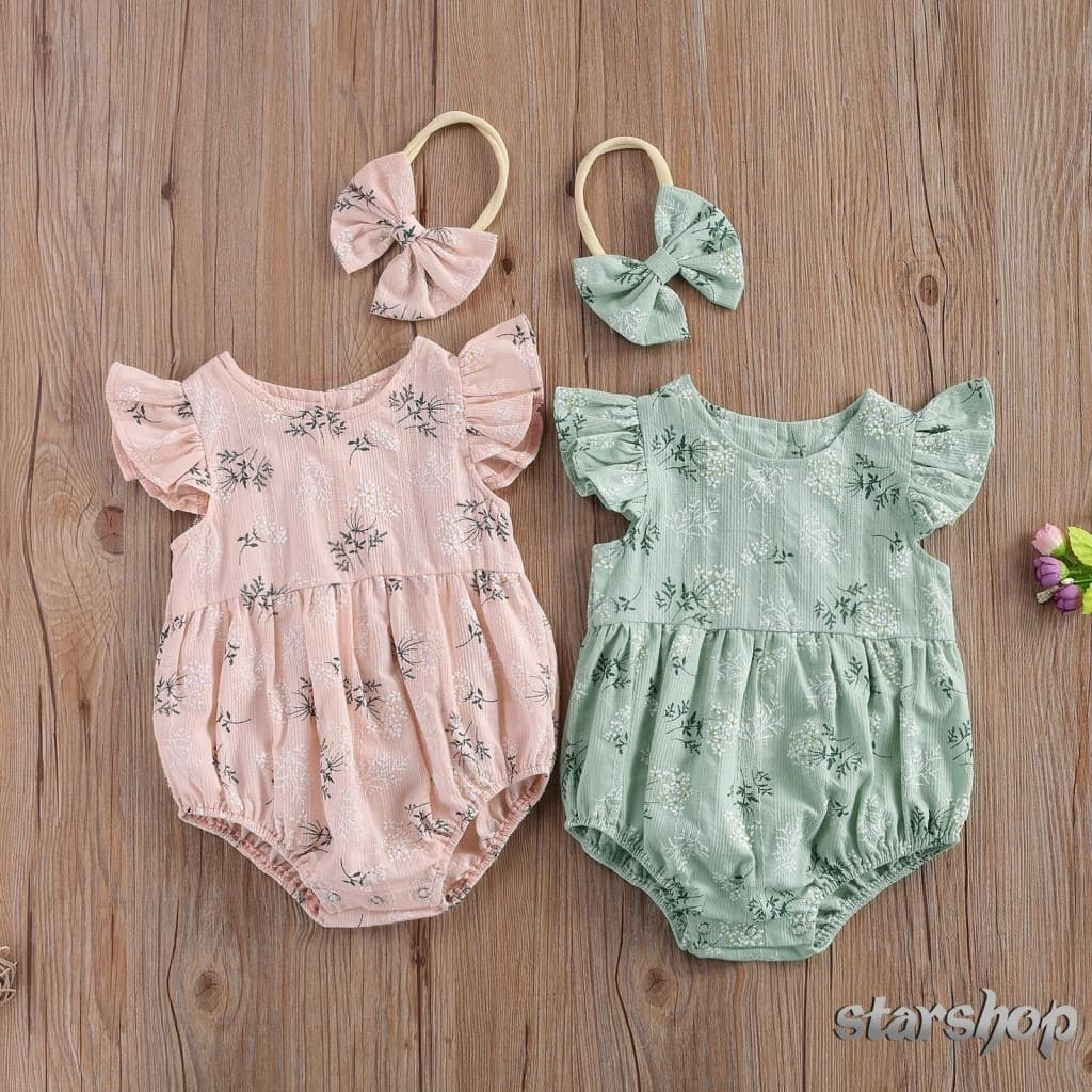 Starsbr-Baby Romper Com Fita De Cabeça , Floral Print Round Collar Fly Sleeve Bodysuit + Faixa De Cabelo Para Meninas , Pink/Green