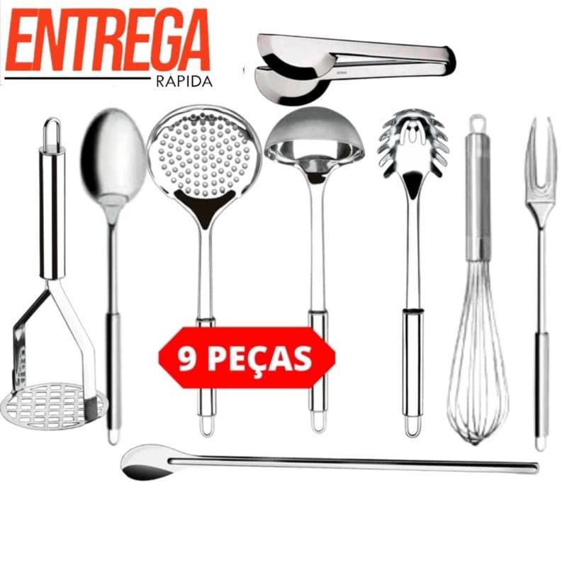 Conjunto 9 Talheres de Cozinha 100% Inox Premium Concha Escumadeira Pegador Colher Garfo Fuet Pegador Colher e Amassador
