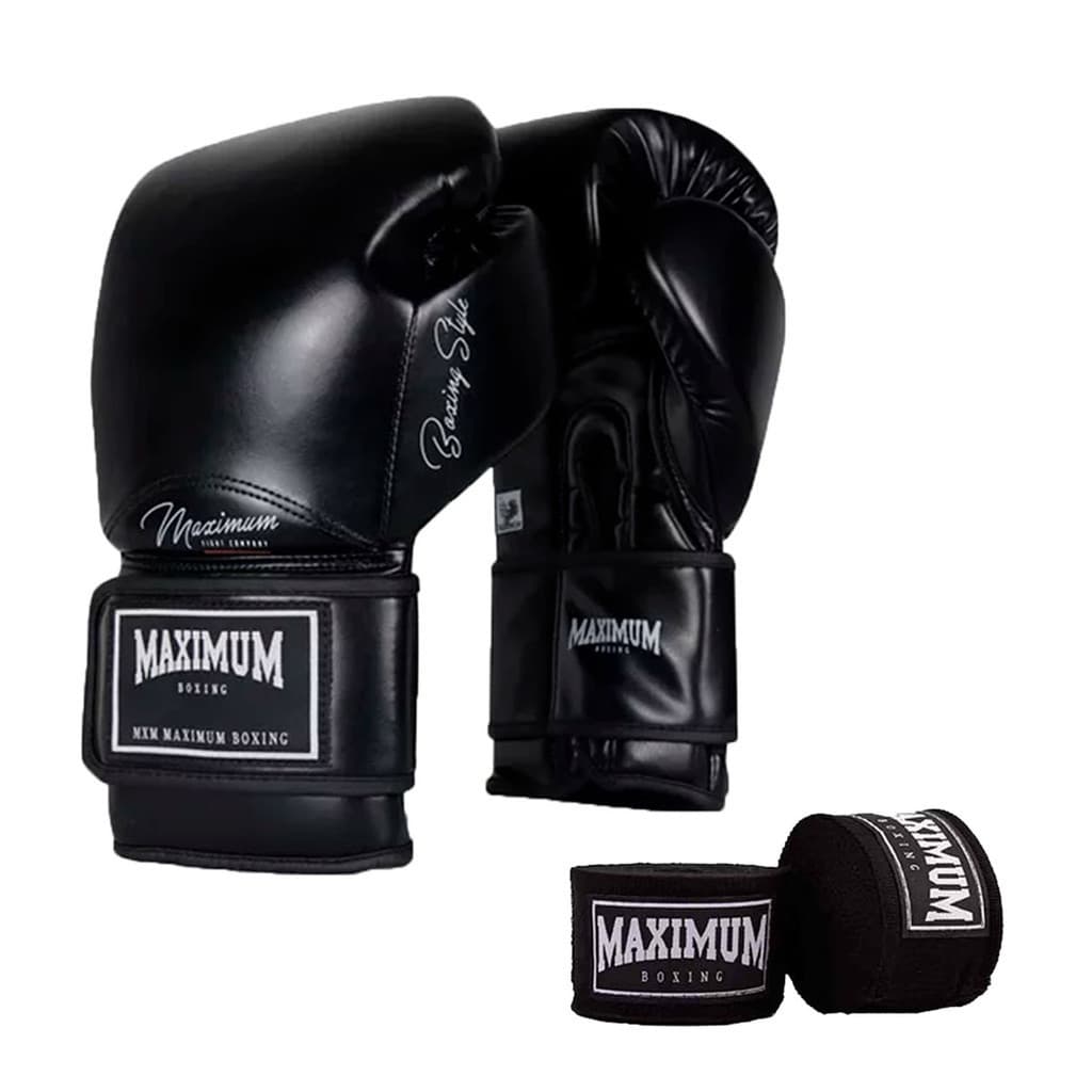 Luva Classic Muay Thai Boxe + Bandagens Black 5m - Maximum