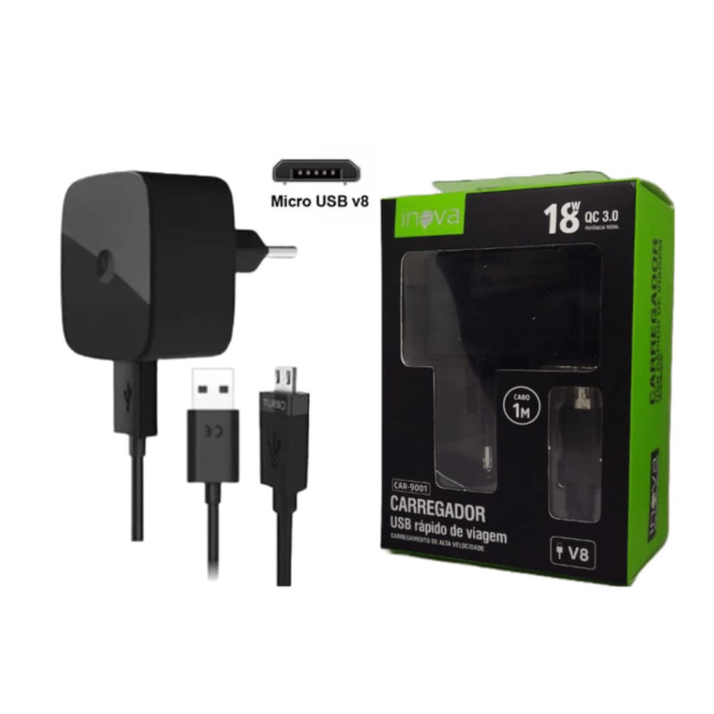 Carregador de celular turbo power 18w q.c 3.0 tipo c/micro usb v8 inova TURBO