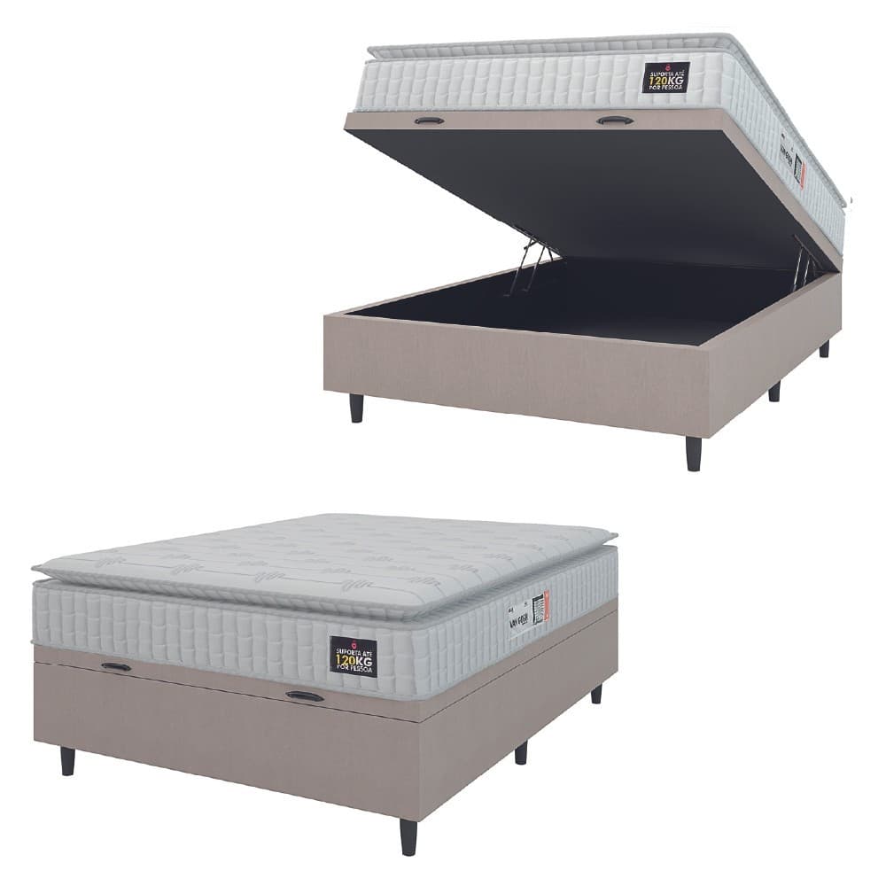 Cama Box Baú Colchão Casal Espuma D33 Vangogh Pillow Top 138x188x70cm Branco / Bege Hellen