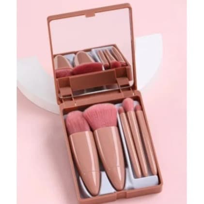 Kit 5 Pincéis De Maquiagem Com Mini Espelho Portátil
