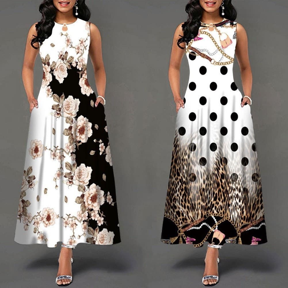 Vestido longo feminino, estilo boêmio, gola redonda, roupas de trabalho/roupas de verão COAL