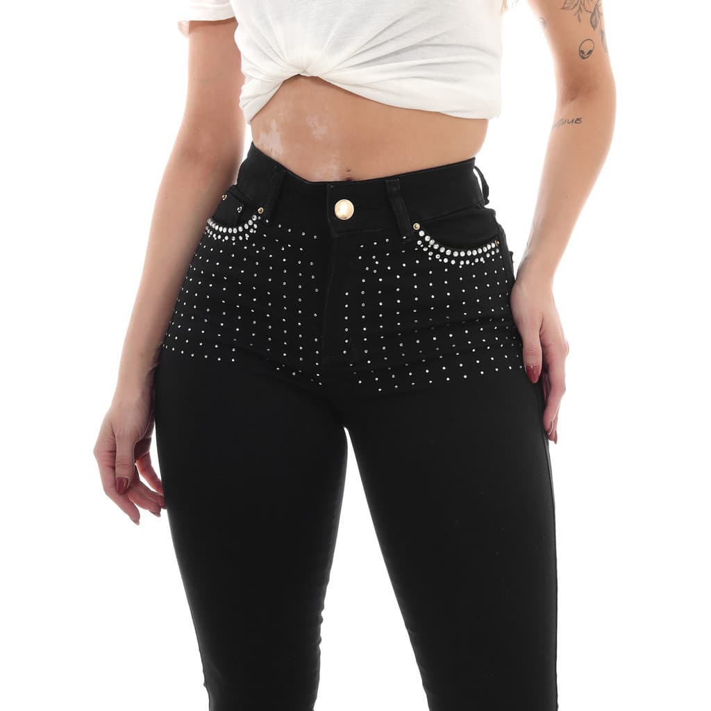 Calça Feminina Skinny Jeans Preto com Aplicações de Brilhinhos Levanta Bumbum