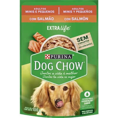 Ração Úmida Dog Chow Adultos - Raças Mini e Pequenos - Sabor Salmão - Sachê 100g - Caixa Fechada com 15 unidades.