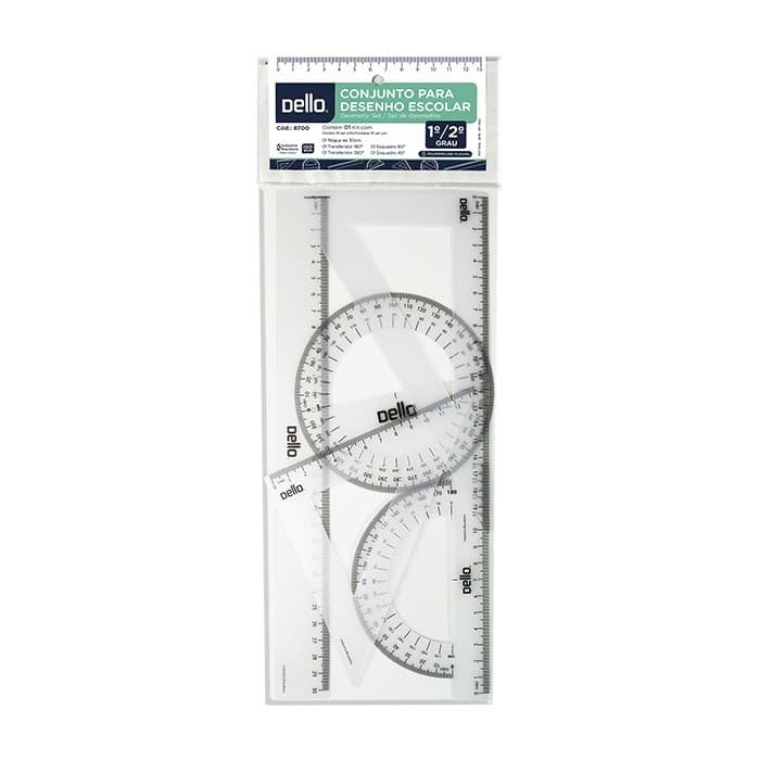 KIt Geométrico Flexível  5 peças, Régua 30cm, Esquadro 60º e 45º, Transferidor 360º e 180º -  DELLO