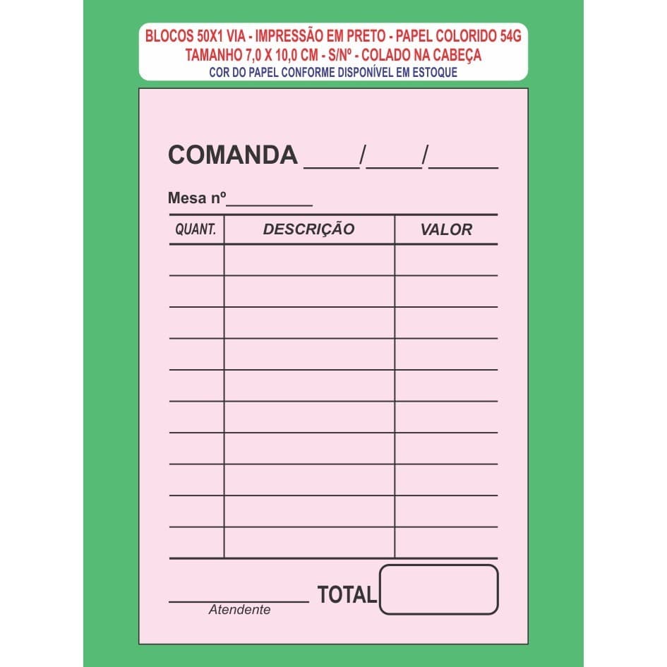 20 Blocos 50x1 De Comanda Mod Mesa S/n Pap Colorido
