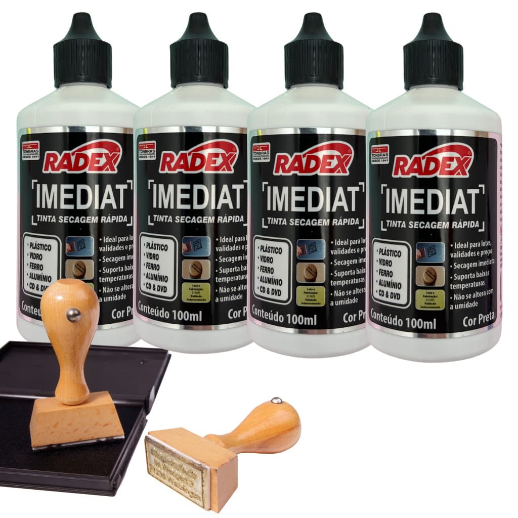 Kit 4 Tinta Radex Para Carimbo Secagem Rápida 100ml Para Plástico E Vidro