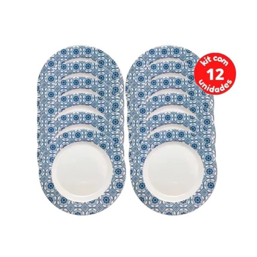 Kit 12 Pratos de Sobremesa Decorados na Cor Azul Tamanho 20cm em Melamina Para Doces e Festas