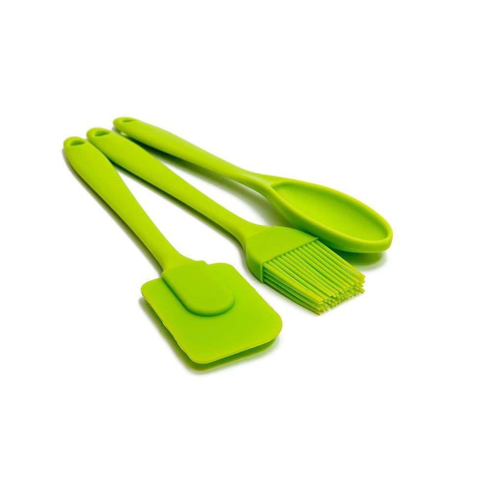 Kit Culinário 3 Peças Cozinha Confeitaria Colher Pincel Espátula Siliconado Verde