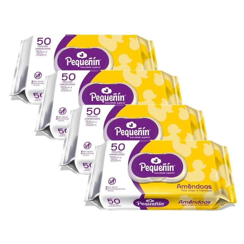 Kit 4 Toalhas Umedecidas Pequeñin Amêndoas 50un cada