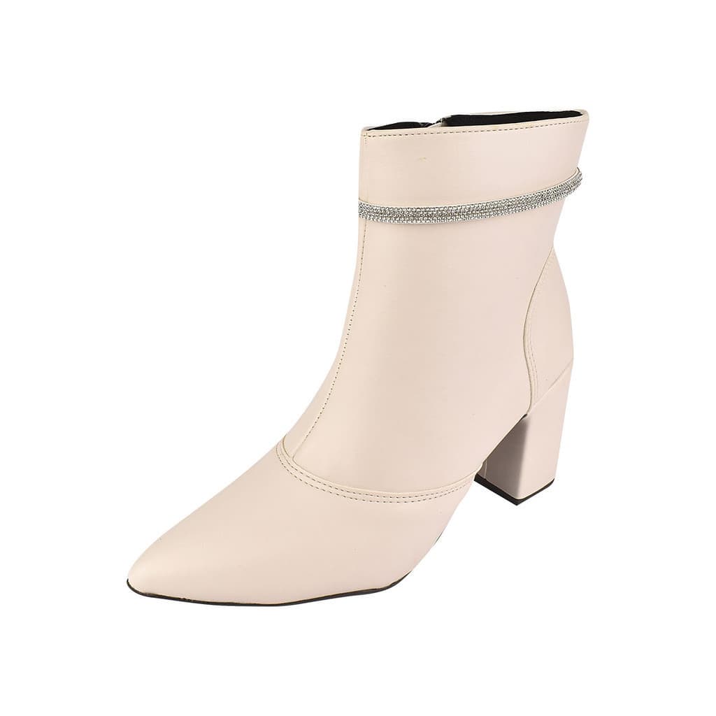 Bota Cano Curto Rosa Chic Calçados Bico Fino Salto Alto Zíper Brilho Strass Feminino Off-White