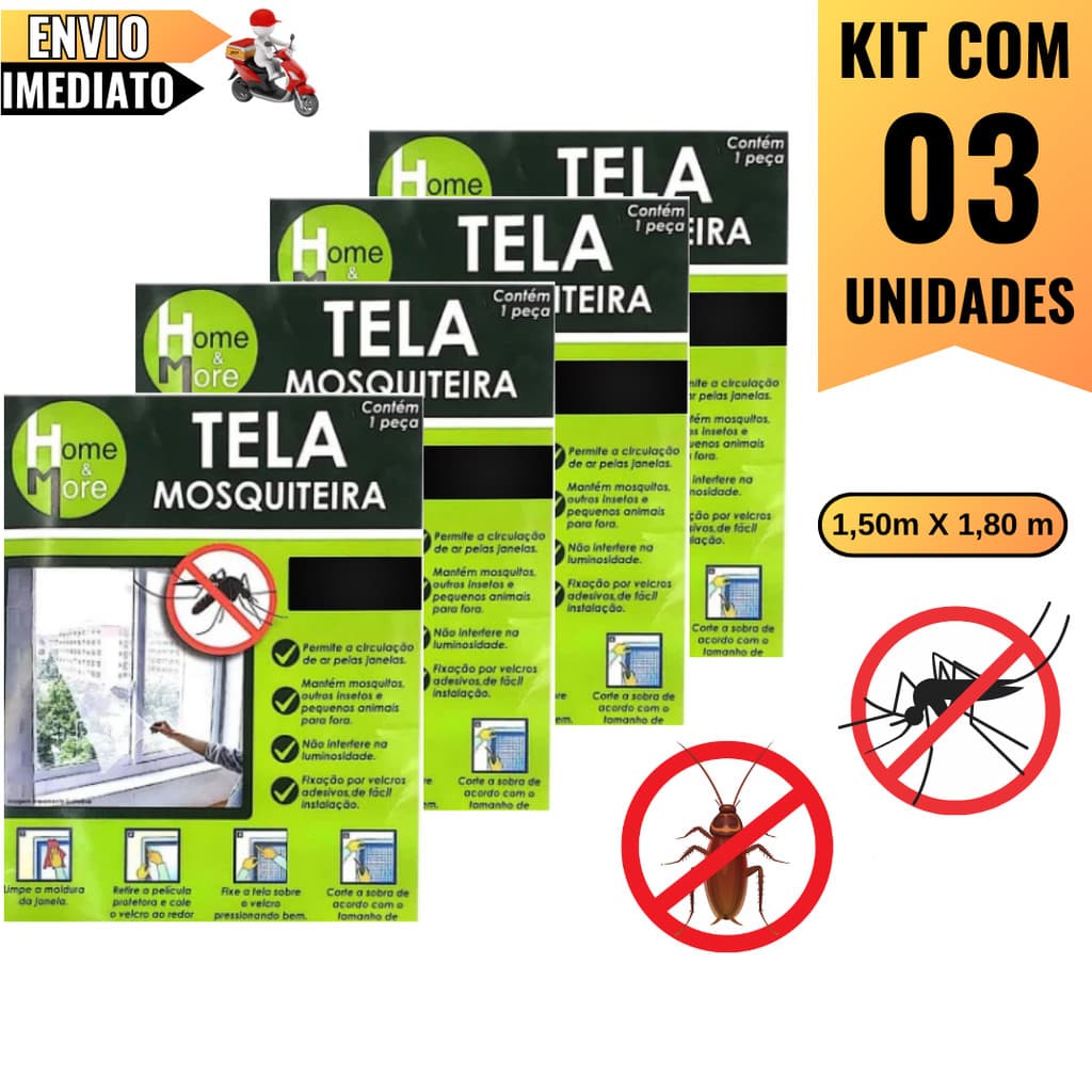 Kit com 3 Telas Mosquiteiras Autocolantes – Barreira Eficiente Contra Insetos, Ideal para Janelas e Ambientes 1.80x1,50