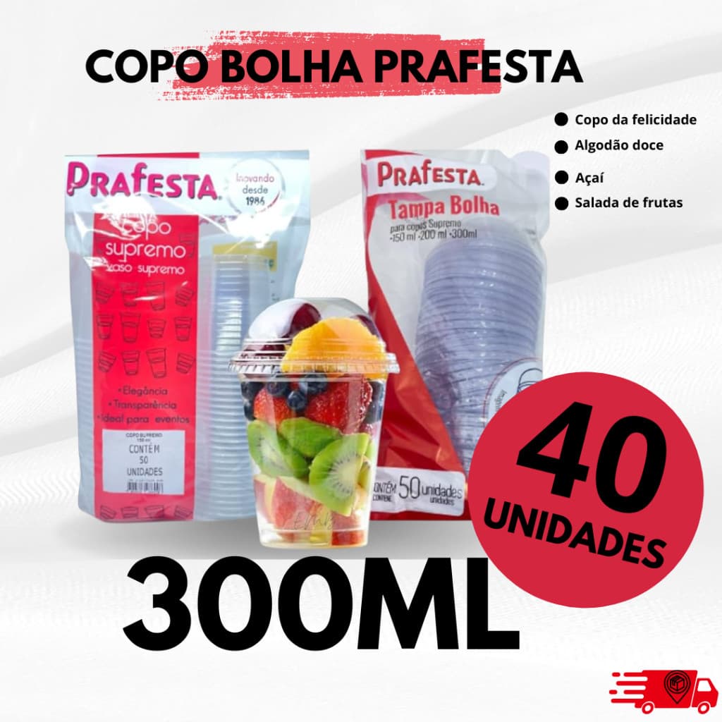 Copo Bolha 300ml com Tampa Sem Furo PraFesta - Ideal para Sobremesas, Festas e Delivery