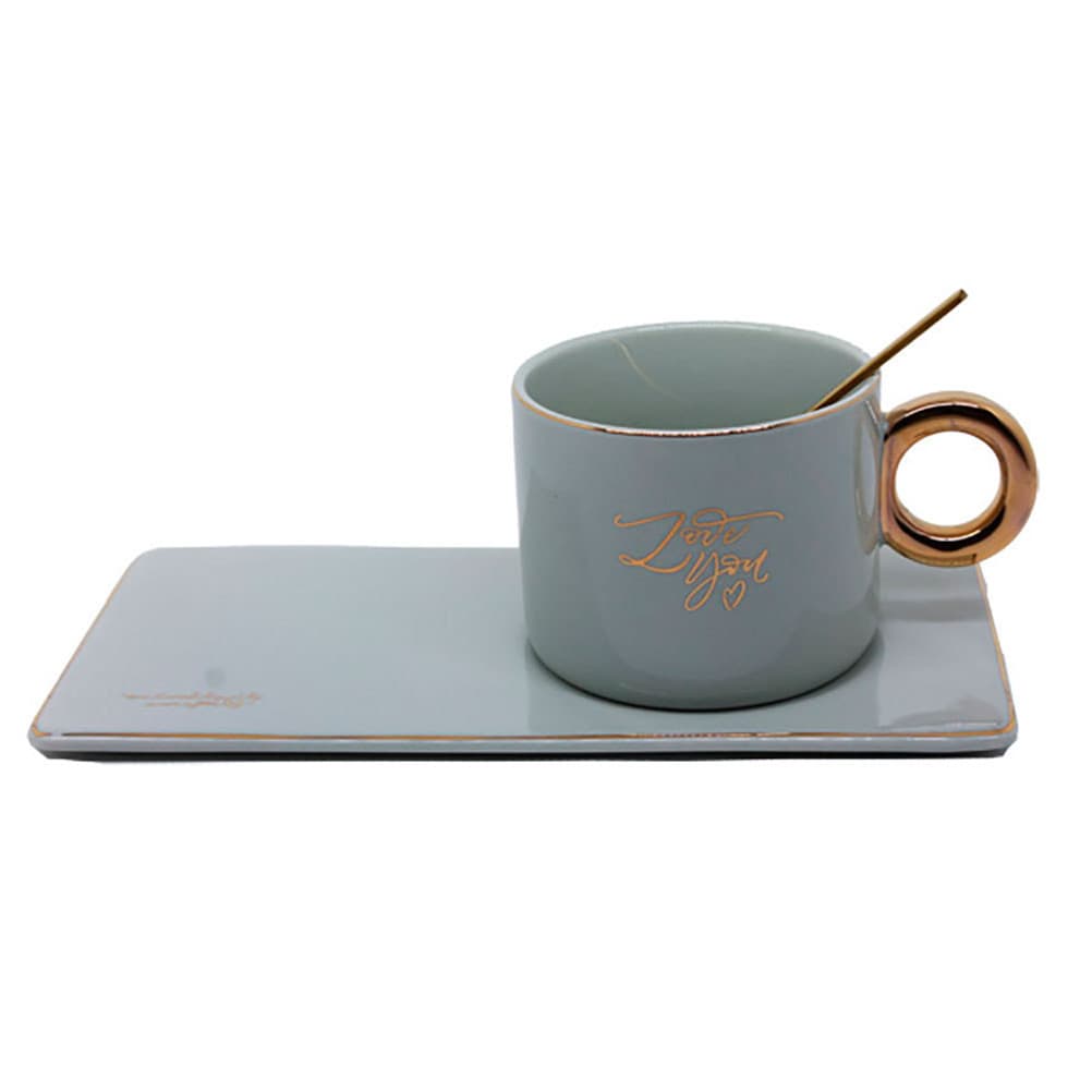 Kit Xícara com Travessa Porcelana Cinza Love You e Colher
