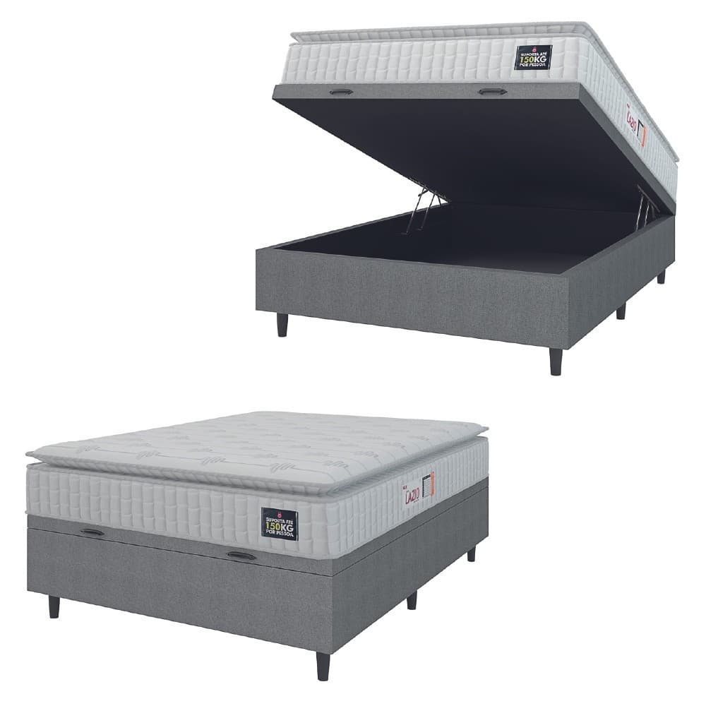 Cama Box Baú Colchão Casal Espuma D45 Lazio Pillow Top 138x188x70cm Branco / Cinza Hellen - Suporta até 120kg por Pessoa