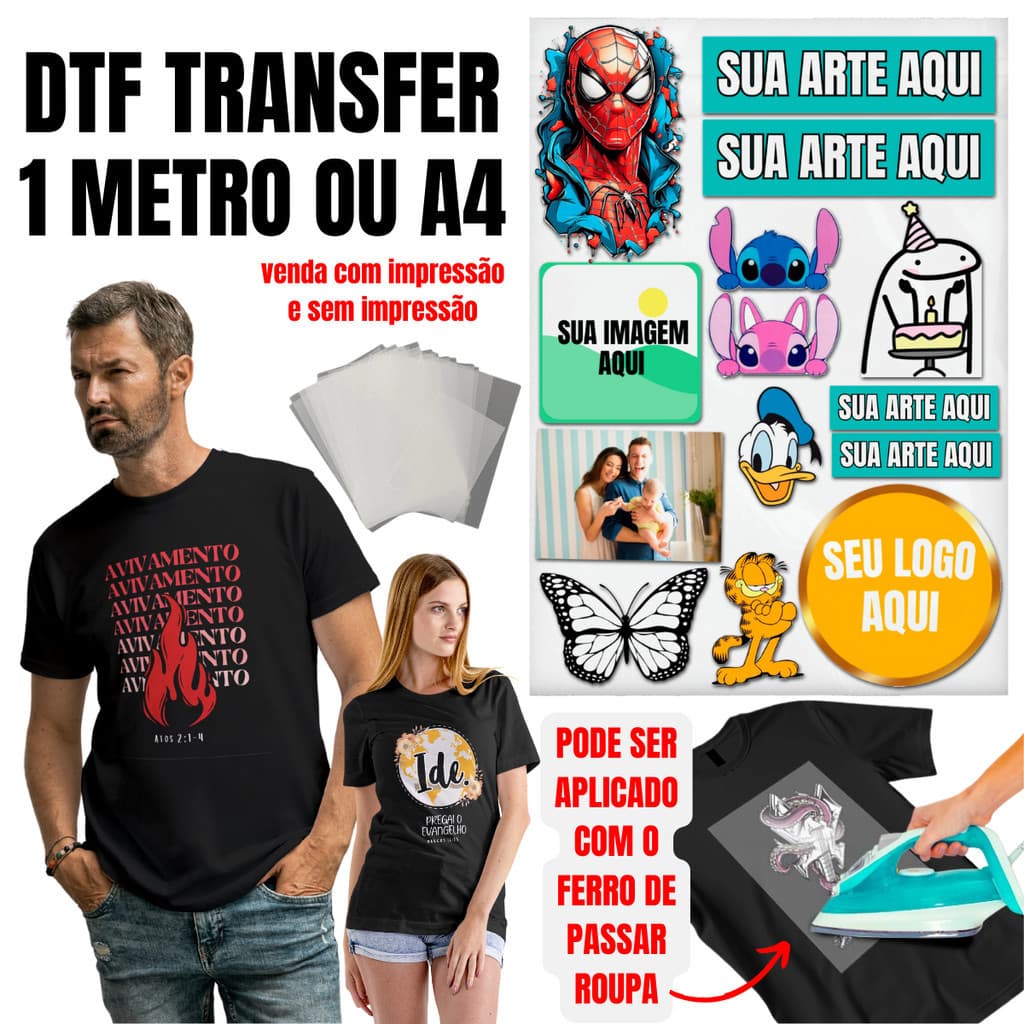 DTF Folha A4, Meio Metro e 1 Metro Impressa Com Sua Arte Pronto Para Aplicação Envio  DTF EXPRESS