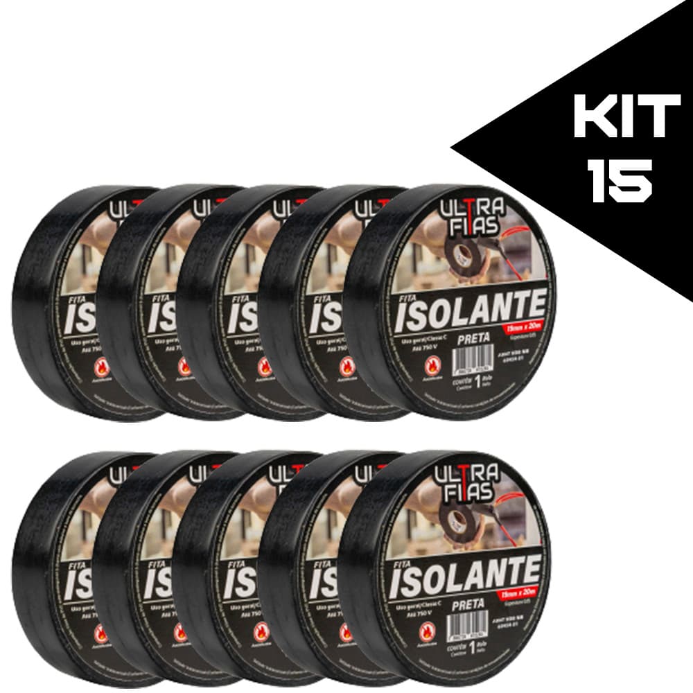 Kit 15 Fita Isolante Preta 19mm x 20 Metros