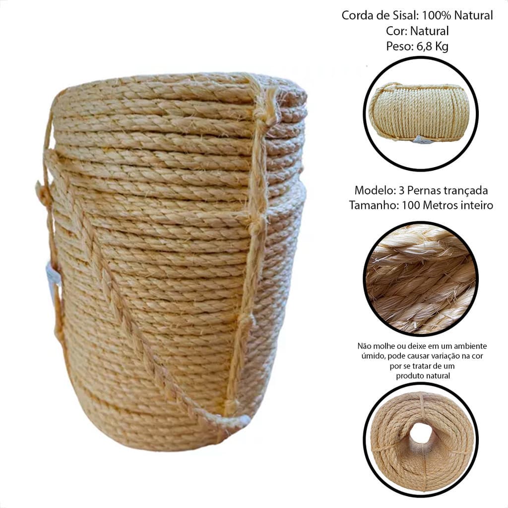 CORDA DE SISAL LASIS 10MM 100M ARTESANATO ARRANHADORES DECORAÇÃO RUSTICA JUTA