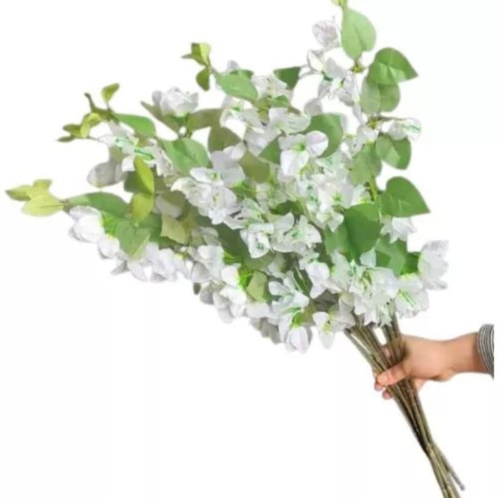 10 Galhos Flores de Bougainville Branco Folhagem Toque Real