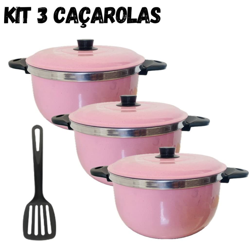 Kit 3 Caçarolas na Cor Rosa Panelas Alumínio Grosso Polido, 1 Espatula N. 18 e N. 16 N. 14,