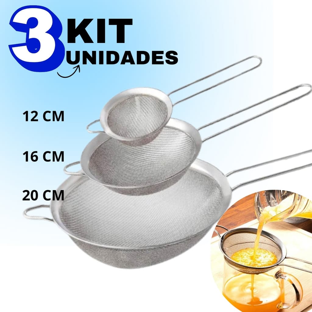 Kit Peneiras 12 cm 16 cm e 20 cm De Aço Inox Utensílios De Cozinha