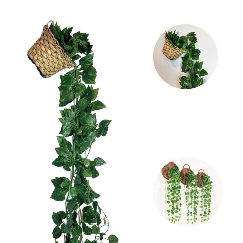 KIT Planta Decorativa Pendente Artificial (Hera, Melancia ou Jiboia) + Vaso Trançado (kit: 1 vaso + 3P ou 2 vasos + 6P)