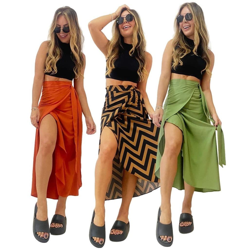 Conjunto Saia Envelope Transpassada E Cropped Fashion Moda Verão top Gola Alta