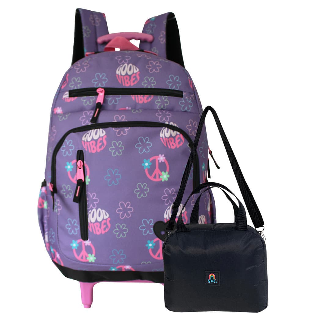 Kit Mochila Rodinhas E Lancheira Térmica Feminina Good Vibes