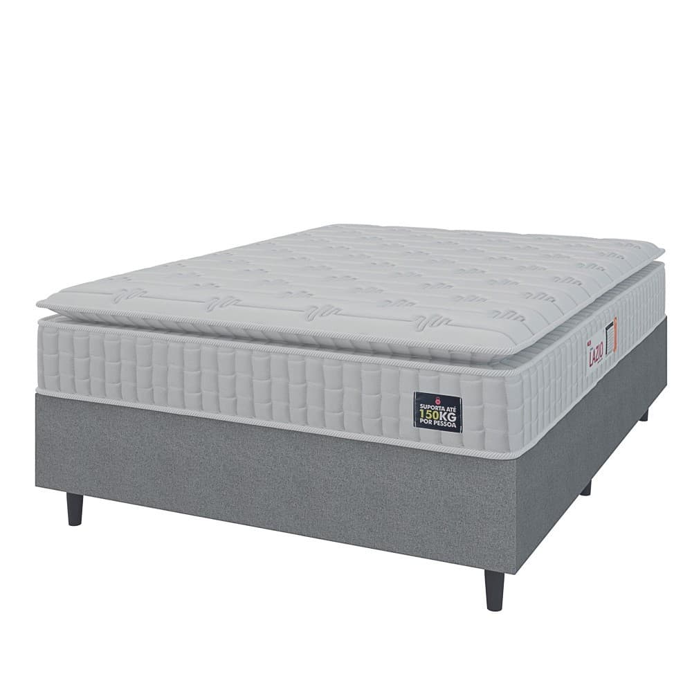 Cama Box Colchão Casal Espuma D45 Lazio Pillow Top 138x188x67cm Branco / Cinza Hellen - Suporta até 120kg por Pessoa